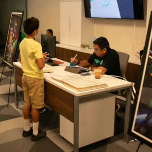 Library event with artist and child