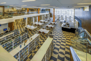 Renovated library with bookshelves and seating