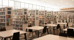 Library reading tables and bookshelves